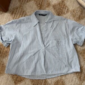 Zara Light Blue and White Striped Short Sleeve Shirt